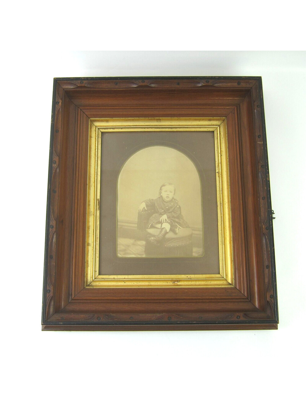 Antique Victorian Deep Picture Frame Carved Wood Gold Gilt Child Photo Glass 16"